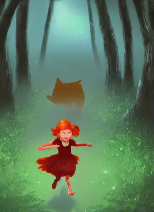 Image similar to Ginger girl running through a dark forest full of tall trees and fireflies . A monster is chasing her with glowing eyes. Artstation, award winning, mysterious.