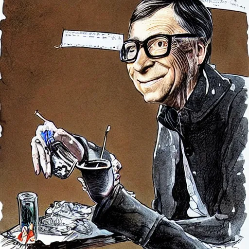 Image similar to bill gates holding a vaccine in his hand, Body horror, by Ralph Steadman