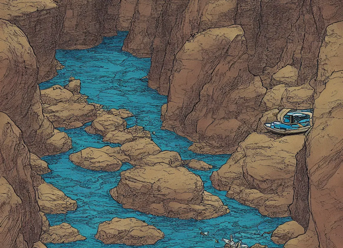 Image similar to a river raft floating through a deep canyon by moebius, clean long lines, ultra detailed