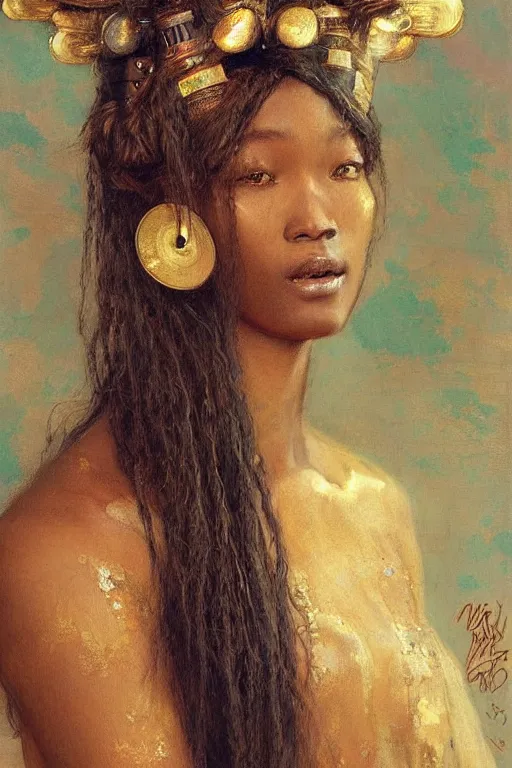 Image similar to a beautiful Zulu princess, hair flowing down, by Edgar Maxence and Ross Tran