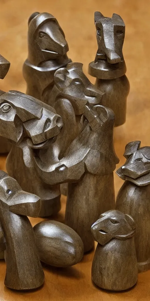 Image similar to a set of chess pieces carved to look like anthropomorphic animals