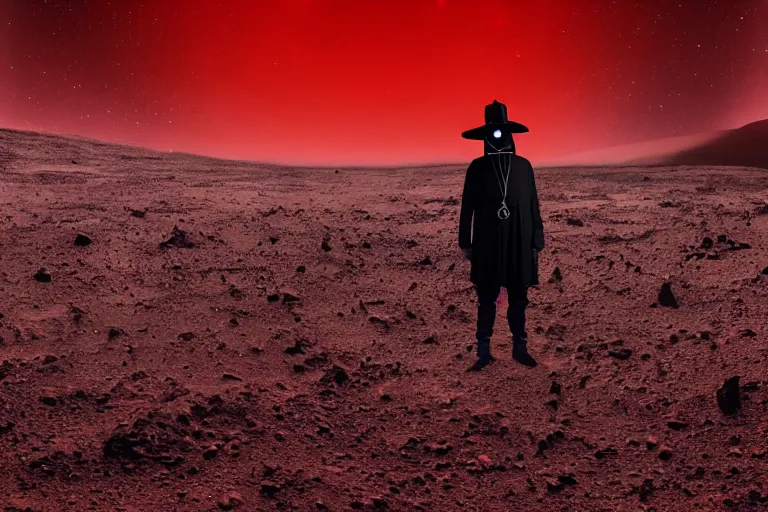 Image similar to A plague doctor standing on mars looking at camera, distant background, red lighting, ominous, gloomy, moonlight, bokeh, synthwave, psychedelic, glitch, acrylic, flooko, detailed, cybernetic, sci-fi, glows,