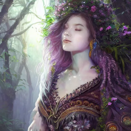 Prompt: A masterpiece portrait of a Incredibly beautiful queer druid girl . The Queen of the Forest.medium shot, intricate, elegant, highly detailed. trending on artstation, digital art, by Stanley Artgerm Lau, WLOP, Rossdraws, James Jean, Andrei Riabovitchev, Marc Simonetti, Yoshitaka Amano