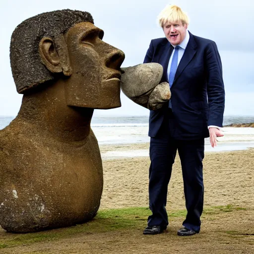 Image similar to Boris Johnson stealing a moai from Easter island