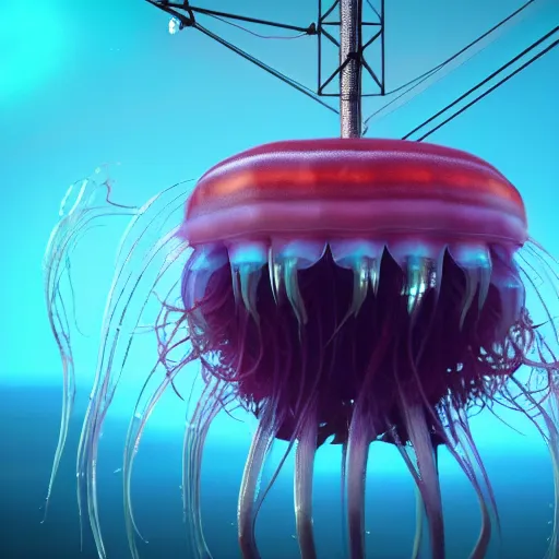 Image similar to a beautiful extreme wide photograph of a jellyfish monster with huge eyes and sharp teeth pole dancing, highly detailed, smooth, very very clean, 8 k, cinematic movie photograph, cinematic lighting, octane render, zbrush central contest winner, 3 d maya render