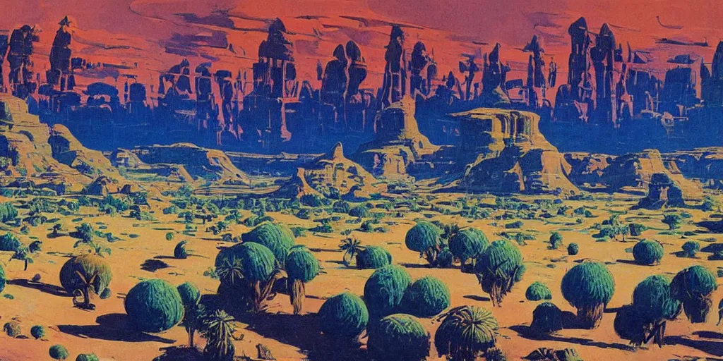 Image similar to incredible desert colony landscape on an alien planet, lush, by Robert McCall