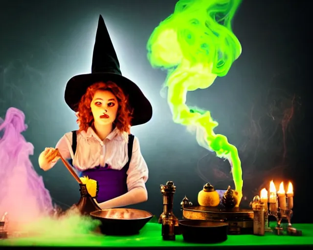 Prompt: close up portrait, spooky teen witch mixing a spell in a cauldron, a cat is on the table, wispy green and purple smoke fills the air, a witch hat, cinematic, green glowing smoke is coming out of the cauldron, strange ingredients on the table, strange apothecary shelves in the background, scary stories to tell in the dark
