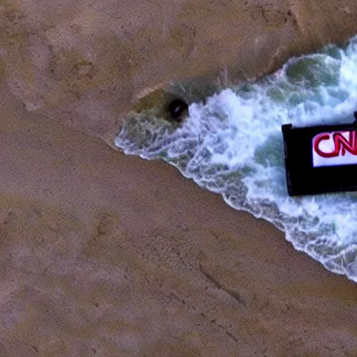 Image similar to cnn news footage of donald trump being washed up on shore, view from above, tv