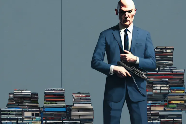 Image similar to an expressive portrait of agent 4 7 from hitman wearing headphones and holding a handgun in front of a wall of vinyl records, blue rim light, digital art, artstation, art by giger stalenhag