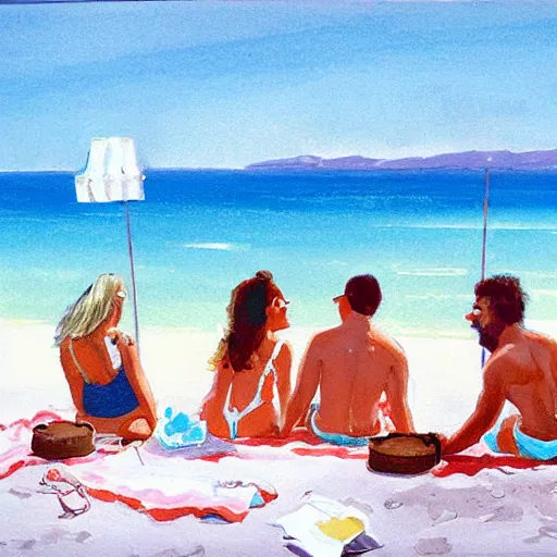 Prompt: couple at the beach in los angeles sunbathing and having snacks,, white sand, no clouds, beautiful weather, painted by bob ross