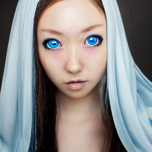 Image similar to (anime girl), steel blue symmetric eyes 24yo, studio, 35mm, annie leibowit