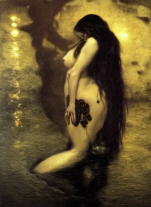 Image similar to highly detailed oil painting | very intricate | cinematic lighting | black, white and gold color scheme, dark background | a woman in lake ; water spirit ; slavic mythology | by roberto ferri, by gustav moreau, by singer sargent and gustav klimt, american romanticism, occult art | by austin osman spare, artstation, cgsociety, official art, octane