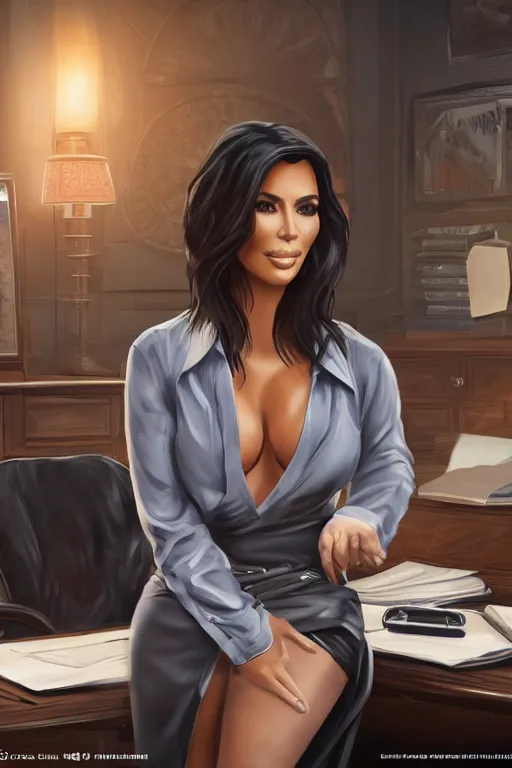Image similar to kim kardashian sitting at a desk, big bust open shirt shirt, office interior, highly detailed, wide shot, intricate, cute, mystical, sharp focus, Trending on Artstation HQ, deviantart, unreal engine 5, 4K UHD image