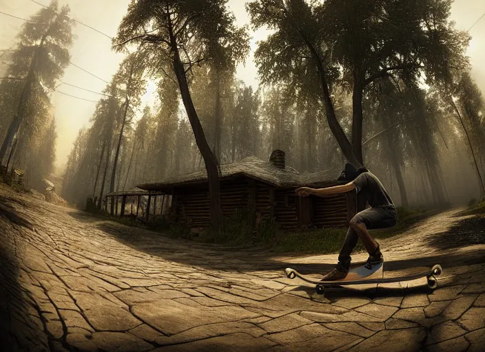 Prompt: a detailed beautiful matte painting of a skateboarder, kick flip, fantasy Riverwood village from The Elder Scrolls V: Skyrim, log homes, dirt road, trees by Mikko Lagerstedt and Raphael Lacoste, fisheye lens