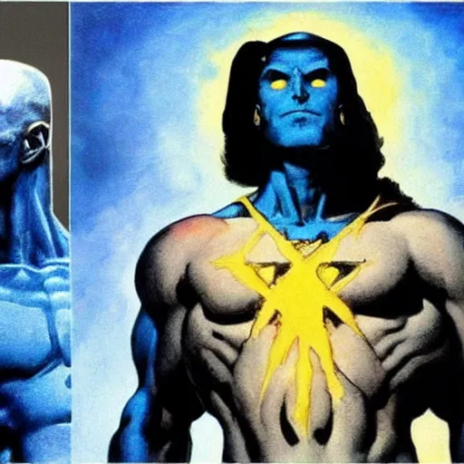 Prompt: painting by Frank Frazetta of Christian Bale!!!! as Dr. Manhattan in Watchmen