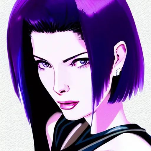 Prompt: A combination of Grace Kelly's and Katheryn Winnick's and Ashley Greene's faces with short violet hair and long winged eyelashes as Motoko Kusanagi from Ghost in The Shell, cyberpunk style, synthwave aesthetic, fantasy, intricate, elegant, highly detailed, digital painting, artstation, concept art, matte, sharp focus, illustration, half body portrait, anime style, art by Artgerm and Greg Rutkowski and Alphonse Mucha