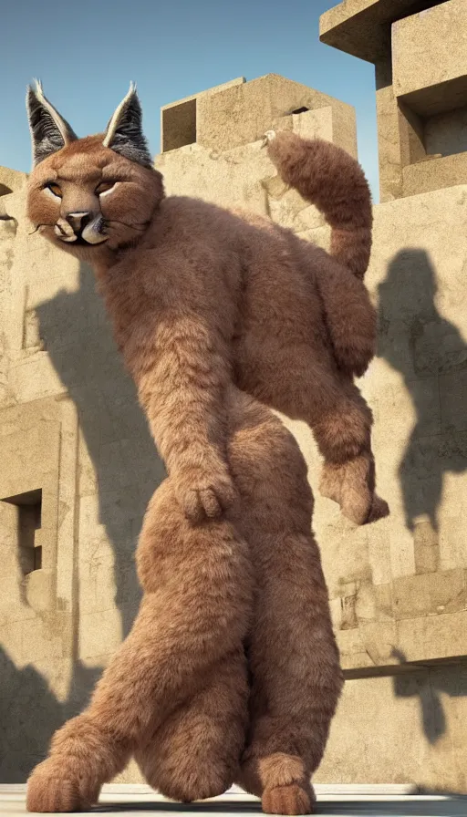 Prompt: fullbody photo of humanoid cute fluffy caracal dressed in toga as alexander macedon, sun behind him, ancient greek city, sunny day, by ilya kuvshinov, rtx rendering, octane render 1 2 8 k, maya, extreme high intricate details by tom bagshaw, medium shot, composition by sana takeda, lighting by greg rutkowski