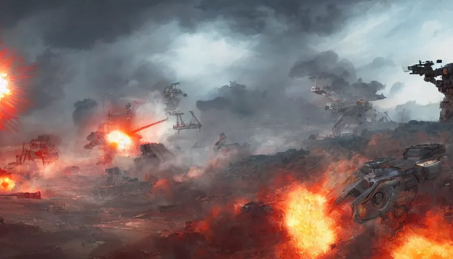 Prompt: Digital painting of troops shooting at a giant Japanese robot during a battle, huge explosions and ashes, smoke columns, hyperdetailed, artstation, cgsociety, 8k