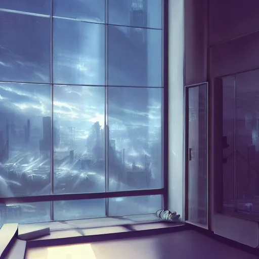 Image similar to cyberpunk living room interior, windows, light rays, buildings, dystoptian, gorgeous view, depth, painted by Caspar David Friedrich, gateway, clouds, tending on artstation