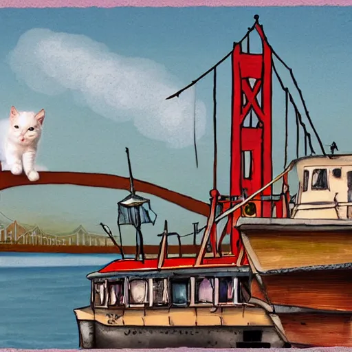 Prompt: a small white kitten at the wharf in San Francisco, fantasy illustration,