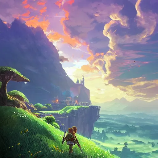 Image similar to a hyperrealistic digital matte painting of a verdant fantasy countryside, breath of the wild, hyrule, inspired by cyril rolando, david wiesner, many golden layers, orange color tone, very far royal steampunk castle, cgsociety, highly detailed, trending on artstation, azure sky