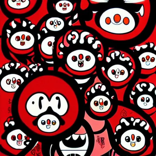 Image similar to red cartoon demons in a takashi murakami art style