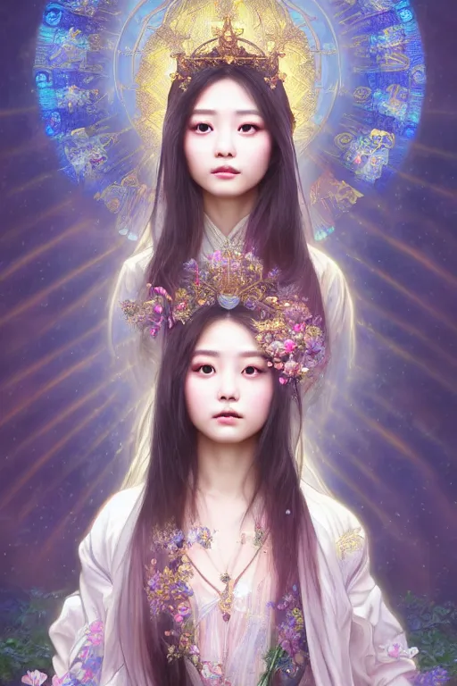 Prompt: beautiful and holy and divine young heroine portrait like twice tzuyu+happy+smoky eyes+front face with light flowing hai, ultradetail face, art and illustration by tian zi and WLOP and alphonse mucha, fantasy, intricate complexity, chinese, goddess, human structure, fantasy character concept, watermark, blurry, hyperrealism 8k