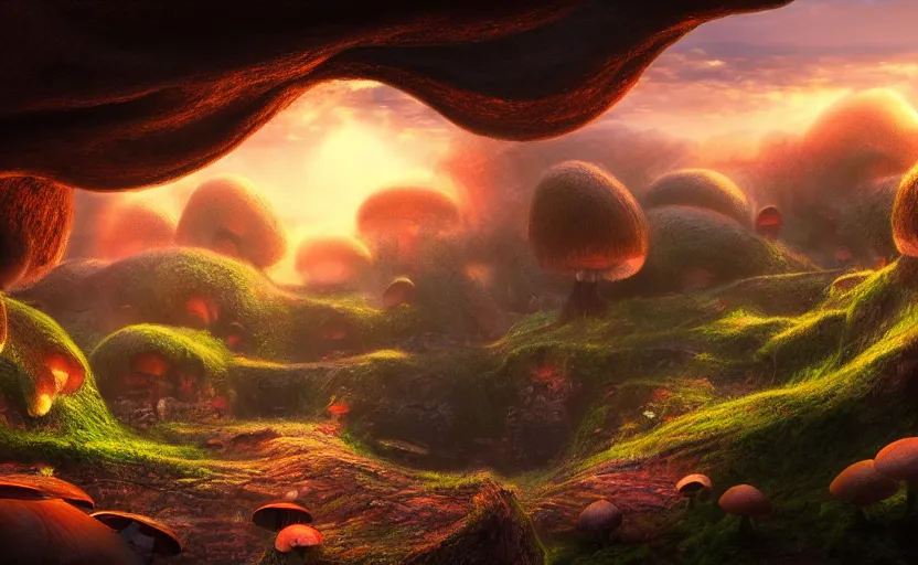 Image similar to a beautiful and stunning professional digital artwork of a humongous mushroom cave, mushroom houses, haze, waterfall, volumetric lighting, hyperrealistic, sunset, rtx on, ultra detail