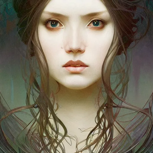 Prompt: A portrait of A woman with long hair by Ross Tran!!! and alphonse mucha and greg rutkowski! and gustav doré! and Zdzisław Beksiński!,In style of digital art illustration.Symmetry.Highly detailed face.Fantasy,smooth,hyper detailed,sharp focus,Soft light.trending on artstation.