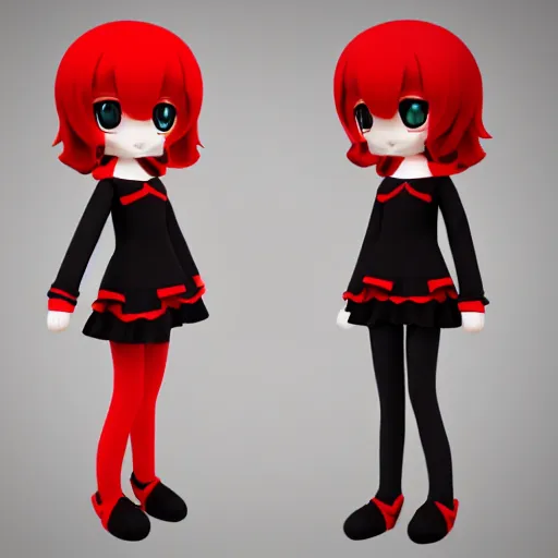 Image similar to cute fumo plush of a girl in red and black who is energetic, anime girl, stylized rendering, vray