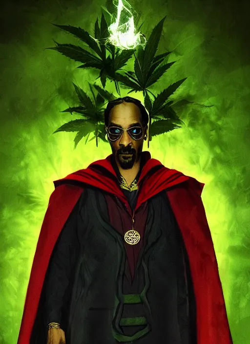 Image similar to snoop dogg as doctor strange, long shadow, dark colors, green magic, marijuana leaves, marijuana, by greg rutkowski, artstation