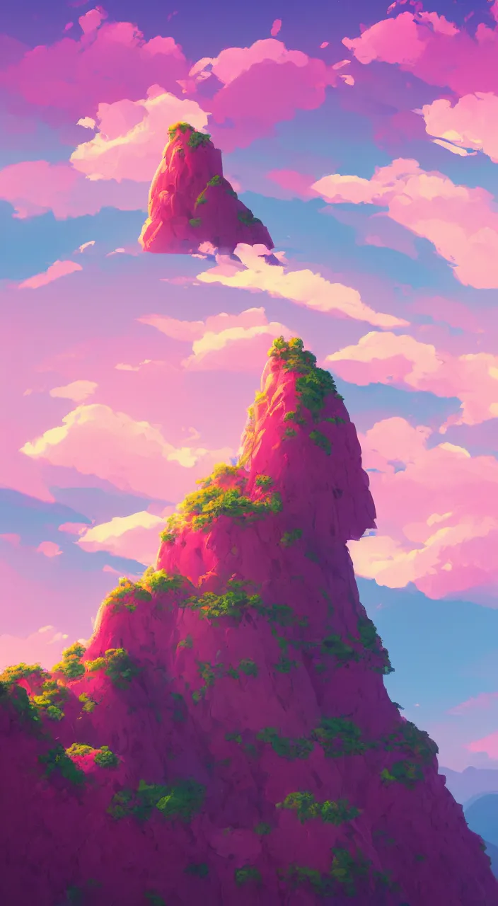 Image similar to Aesthetic Lonely cliff , pink clouds in the sky, brightly illuminated by rays of sun, artstation, colorful sylvain sarrailh illustration, by peter chan, day of the tentacle style, twisted shapes