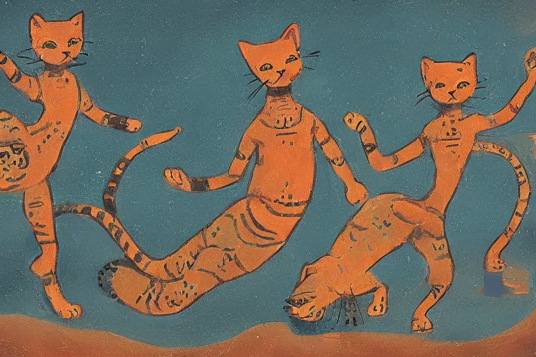 Image similar to a high detail paint of Two cats dancing around Jomon pottery, in simple background, concept art, mad painting