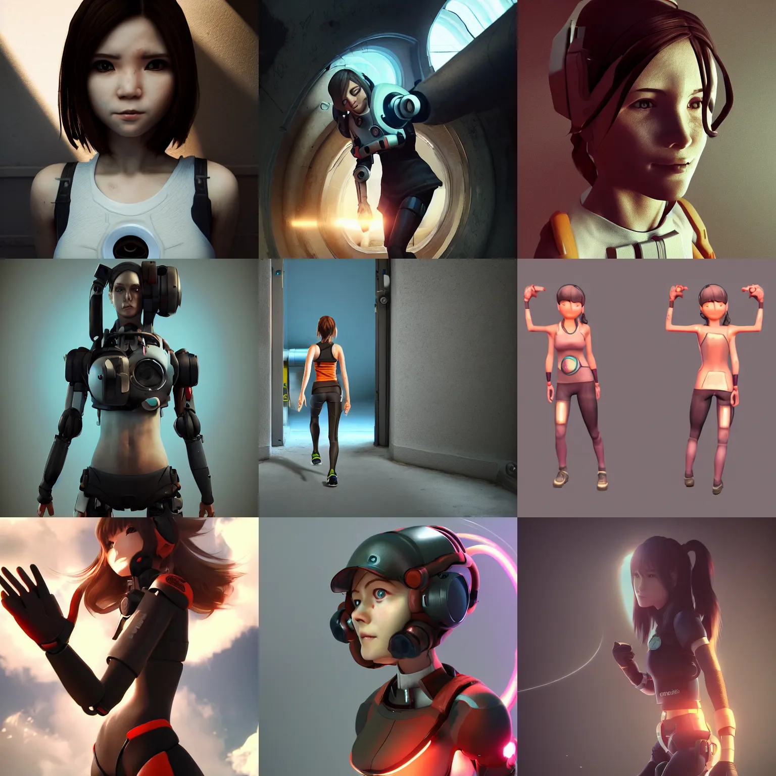 Prompt: portal game 9 9 9 9 9 valve, anime!!! cyborg photo - realistic 9 7 7 woman!!!! running, ( shy smiling face ), rembrandt, octane render, artstation