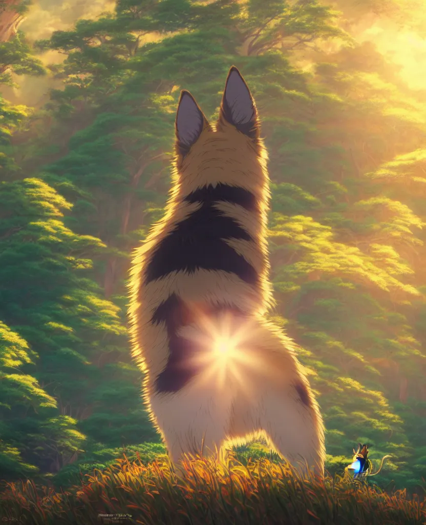 Image similar to beautiful painting from the anime film by studio ghibli, German Shepherd, golden hour, backlit, 8k octane 3D render, redwood forest and mystical ocean, fur, japanese popsurrealism by murakami