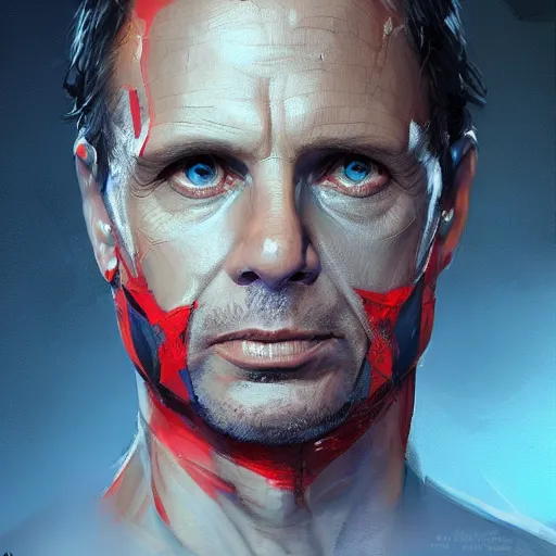 Image similar to portrait of superhero by greg rutkowski, michael biehn wearing a blue and red kevlar gear, highly detailed portrait, digital painting, artstation, concept art, smooth, sharp foccus ilustration, artstation hq