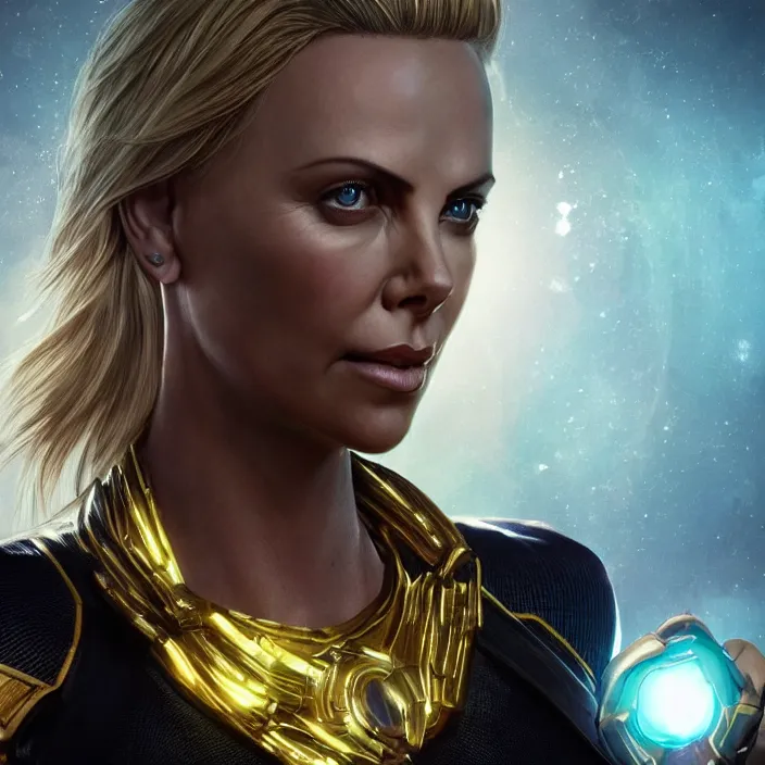 Image similar to portrait of (Charlize Theron), wearing The Infinity Gauntlet. (((infinity stones))) intricate artwork. octane render, trending on artstation, very coherent symmetrical artwork. avengers. thanos. cinematic, hyper realism, high detail, octane render, 8k, iridescent accents