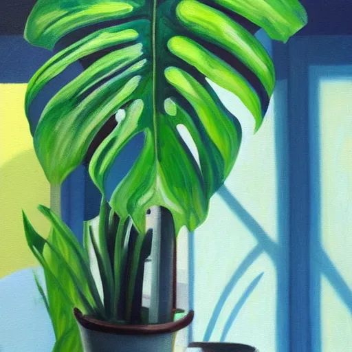 Image similar to “painting of a monstera plant, beams of sunlight streaming through the window, oil on canvas, hd”