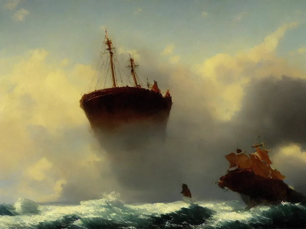 Prompt: big cat the size of a ship over the ocean, rocks, near the shore, aivazovsky style, oil painting, high quality, realism