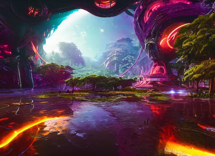 Image similar to a nether portal with futuristic technology on a humongous paradise biome, fantasy, hyper realism, wet reflections, intricate, digital art, detailed, studio shot, unreal engine 5, octane, high definition, smooth, artstation, behance