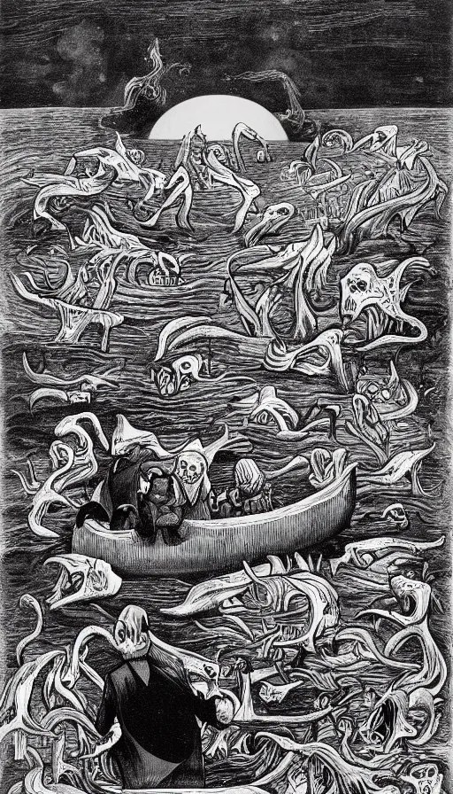 Prompt: man on boat crossing a body of water in hell with creatures in the water, sea of souls, by charles addams