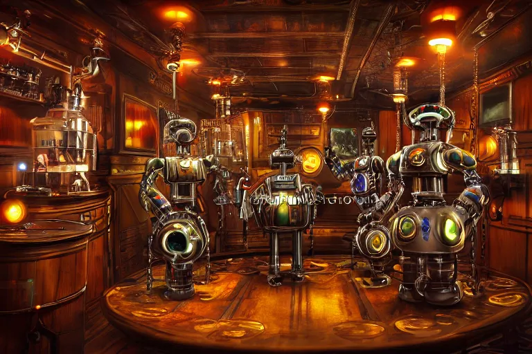 Image similar to 3 steampunk robot dancing inside a luxury futuristic nightliner, a table with many bottles of beer and wiskey, exaggerated detailed, unreal engine, subtle multicolored light, 3 5 mm lens