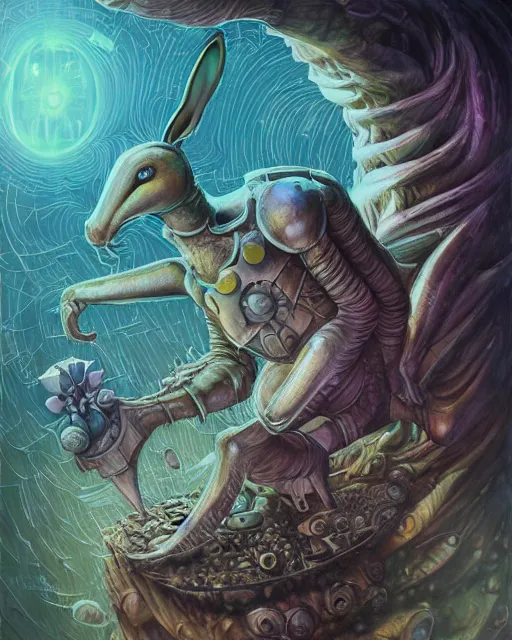 Image similar to alchemist rabbit, by antonio j. manzanedo, giger, alex grey, android jones, wayne barlowe, philippe druillet, raymond swanland, cyril rolando, josephine wall, harumi hironaka, trending on artstation