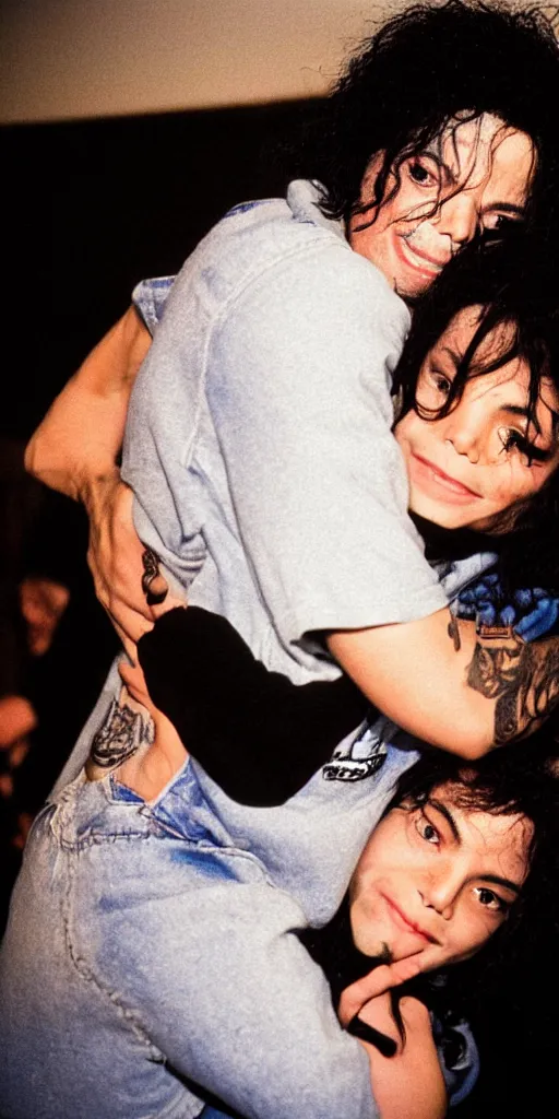 Image similar to michael jackson hugging an alien with pete davidson, in focus, blured background, high detail, sharp, film photography, direct flash, kodak portra 4 0 0,