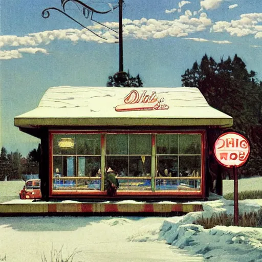 Image similar to a roadside diner open since the 7 0 s in ohio. free coffee refills, daily specials, and a door you must never open, high quality high detail art by angus mcbride and norman rockwell and nc wyeth, hd, realistic, photorealistic lighting, modern supernatural horror.