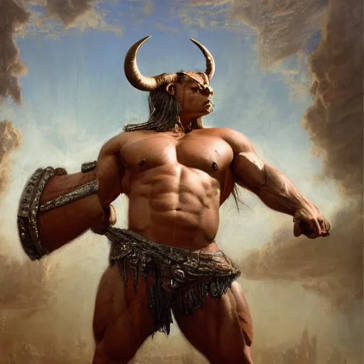 Prompt: handsome portrait of a minotaur bodybuilder posing, radiant light, caustics, war hero, steel bull run, by gaston bussiere, bayard wu, greg rutkowski, giger, maxim verehin