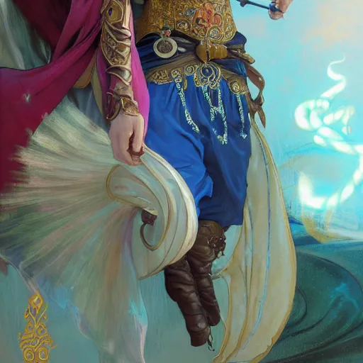 Image similar to charming arabian ( ( ( tailor ) ) ), dressed in fine colorful robes and jewelry over fantasy armor, goatee, smirking, holding a magic needle and spool, fantasy art by barret frymire and artem priakhin and wenjun lin and greg rutkowski and alphonse mucha, artstation, matte, illustration, intricate, highly - detailed high resolution