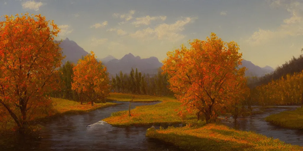 Image similar to A painting of winery in autumn, with a river winding through them. In the distance, there are mountains. by bob ross, Albert Bierstadt, immaculate scale, hyper-realistic, trending on Artstation, 8k, detailed, atmospheric, immaculate