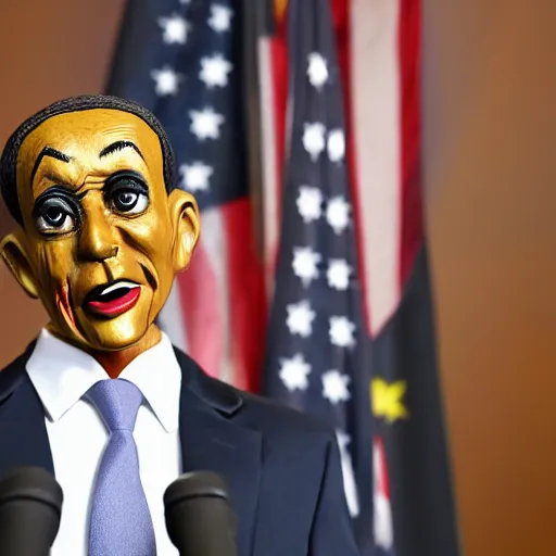 Prompt: one president that looks like a marionette in a podium giving a press conference