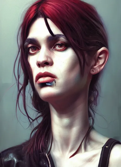 Prompt: a detailed painted portrait of an 9 0's era female grunge musician by artist hadi karimi, wlop, artgerm, greg rutkowski, confident expression, dramatic lowkey studio lighting, accurate skin textures, hyperrealism, cgsociety, aesthetically pleasing and harmonious vintage colors